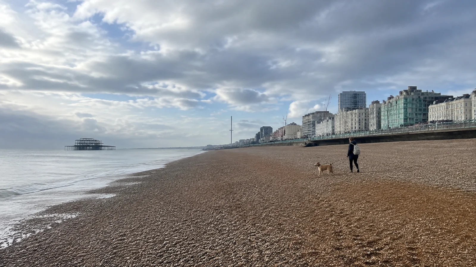 Dog walker crosses a pebble beach beneath a row of seafront buildings.