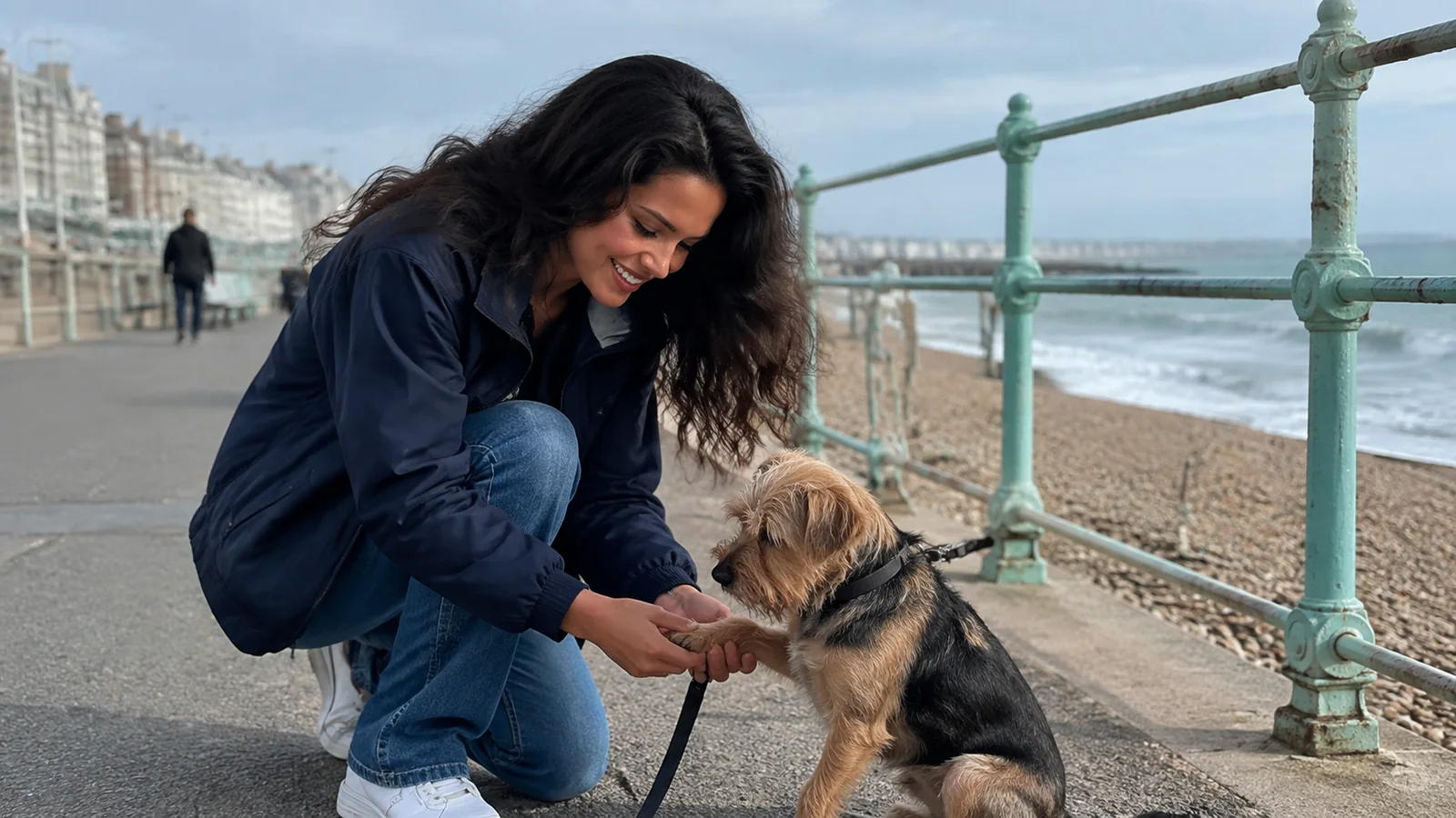 Woman crouches beside her small dog on a seafront promenade.