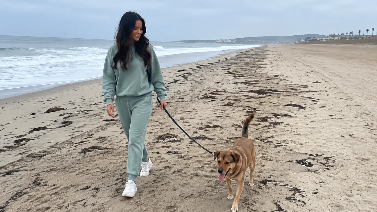 Woman walks a leashed dog along a seaweed-strewn beach.