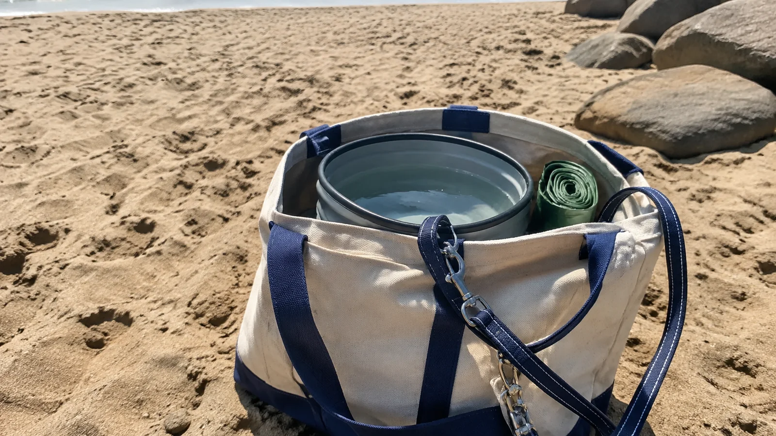 Dog bowl and rolled waste bags sit in a tote on sand.