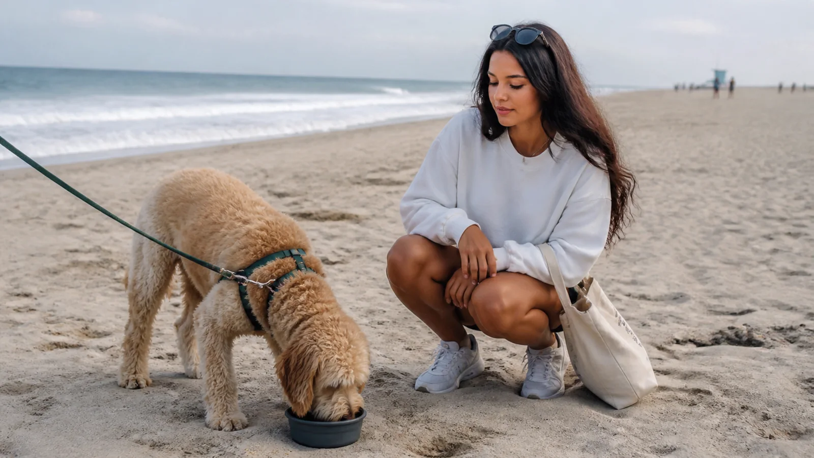 Woman crouches beside a curly-haired dog sniffing the beach.