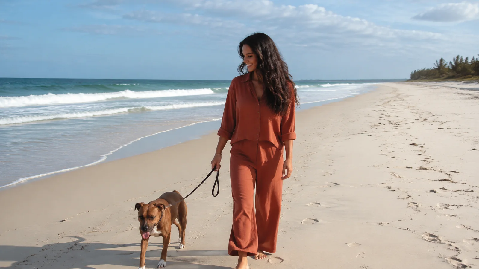 Woman walks a leashed dog along a bright sandy shoreline.
