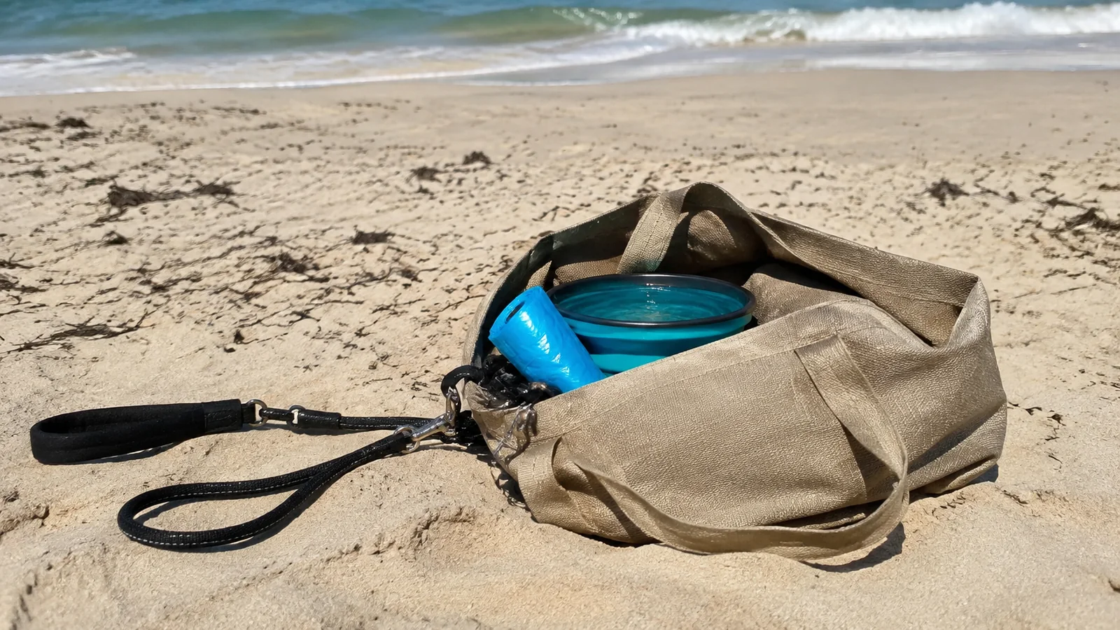 Dog bowl and accessories packed in a canvas bag on sand.