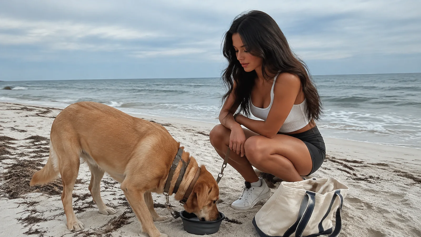Woman crouches beside her dog sniffing seaweed on the beach.