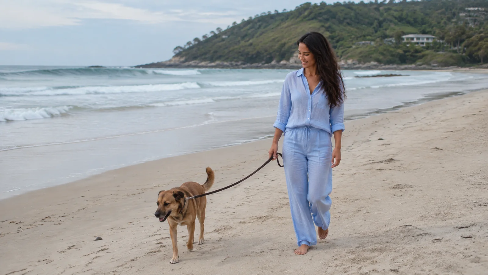 Woman walks a leashed brown dog beside gentle surf.