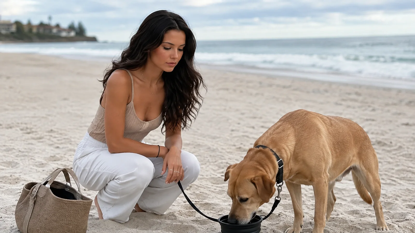 Woman crouches beside a leashed dog on a sandy beach.