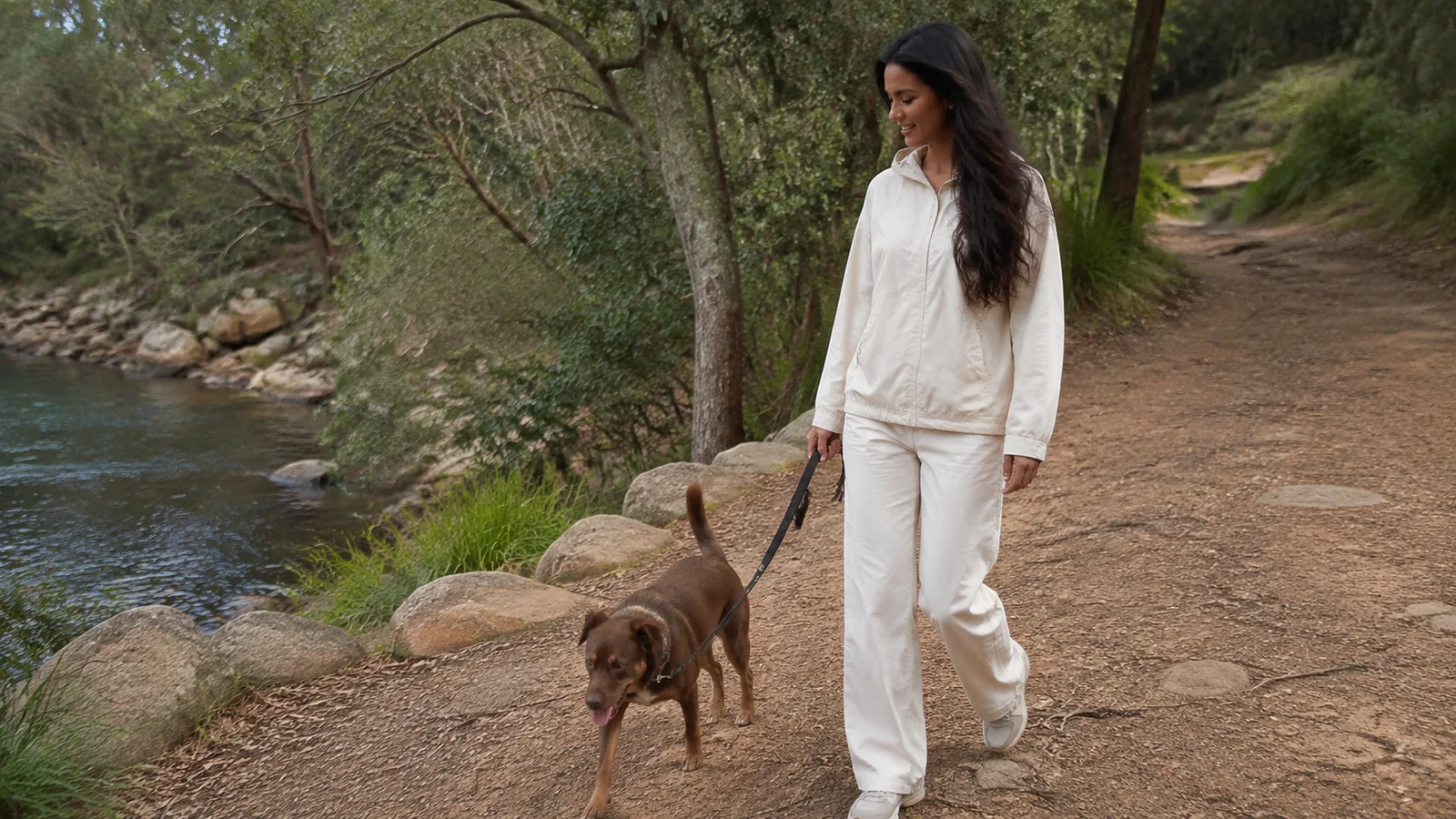 Woman walks a leashed dog on a dirt path beside a creek.