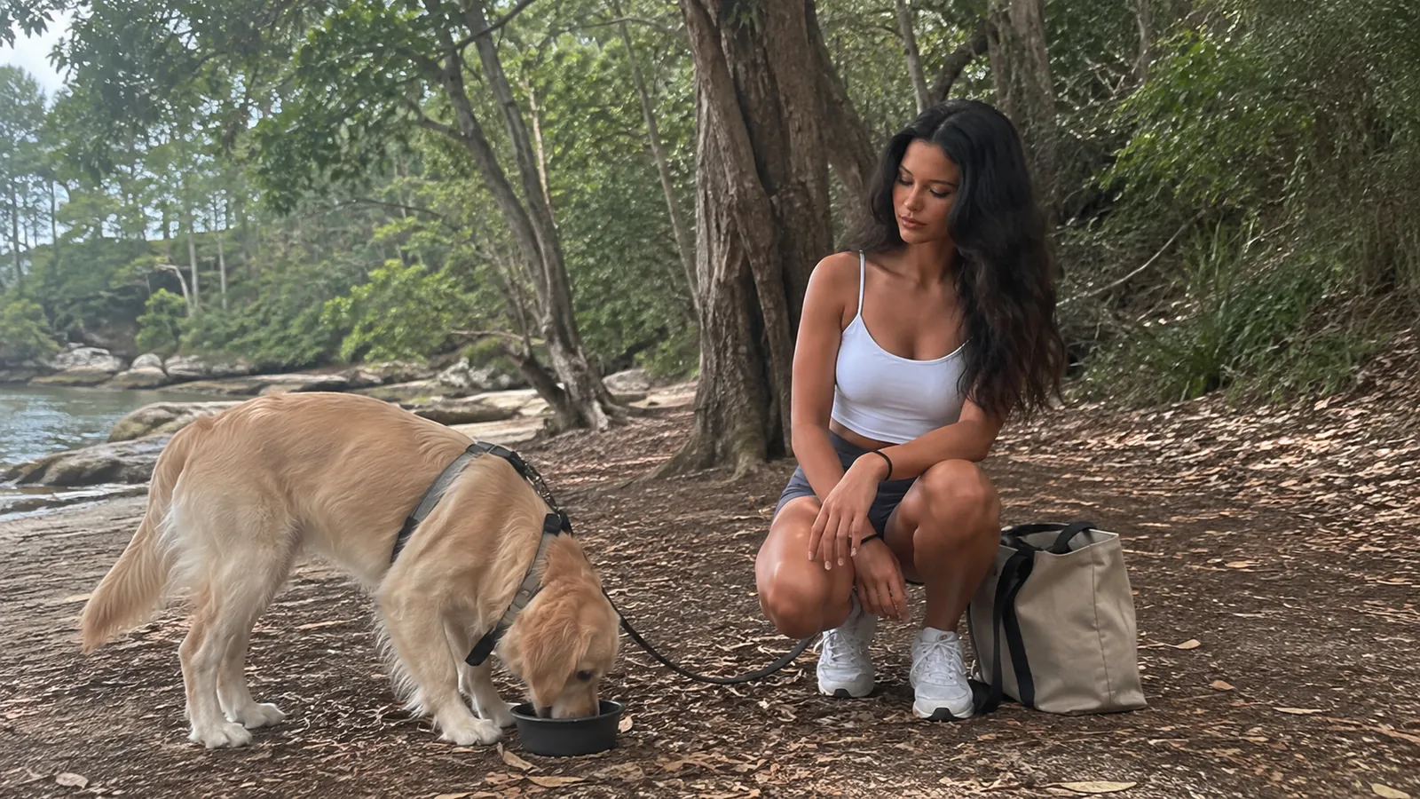 Woman crouches beside her dog beneath shoreline trees.