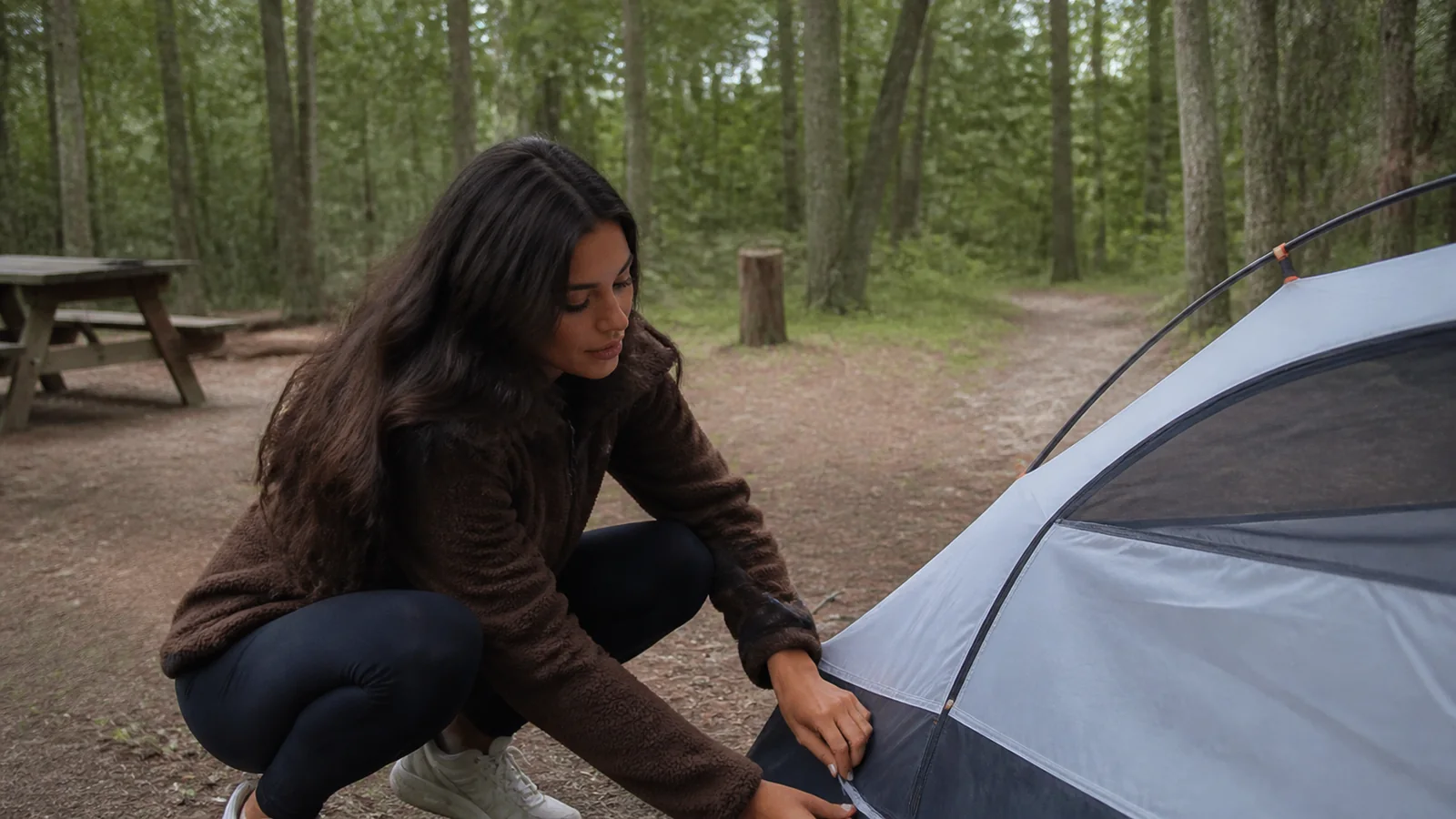 Woman secures the corner of a tent in a wooded campsite.