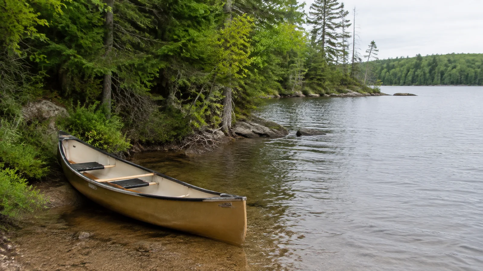 Canoe rests on a rocky shore beside a forested lake.