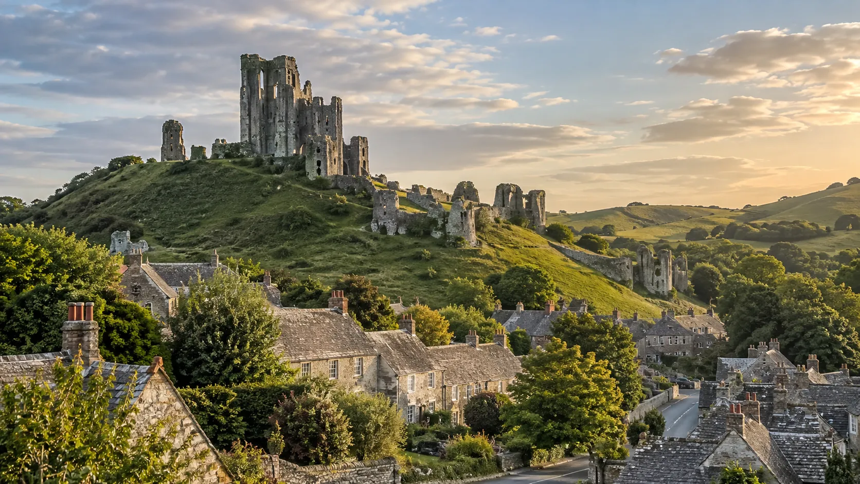 Ruins of Corfe Castle overlooking the Dorset village and countryside.