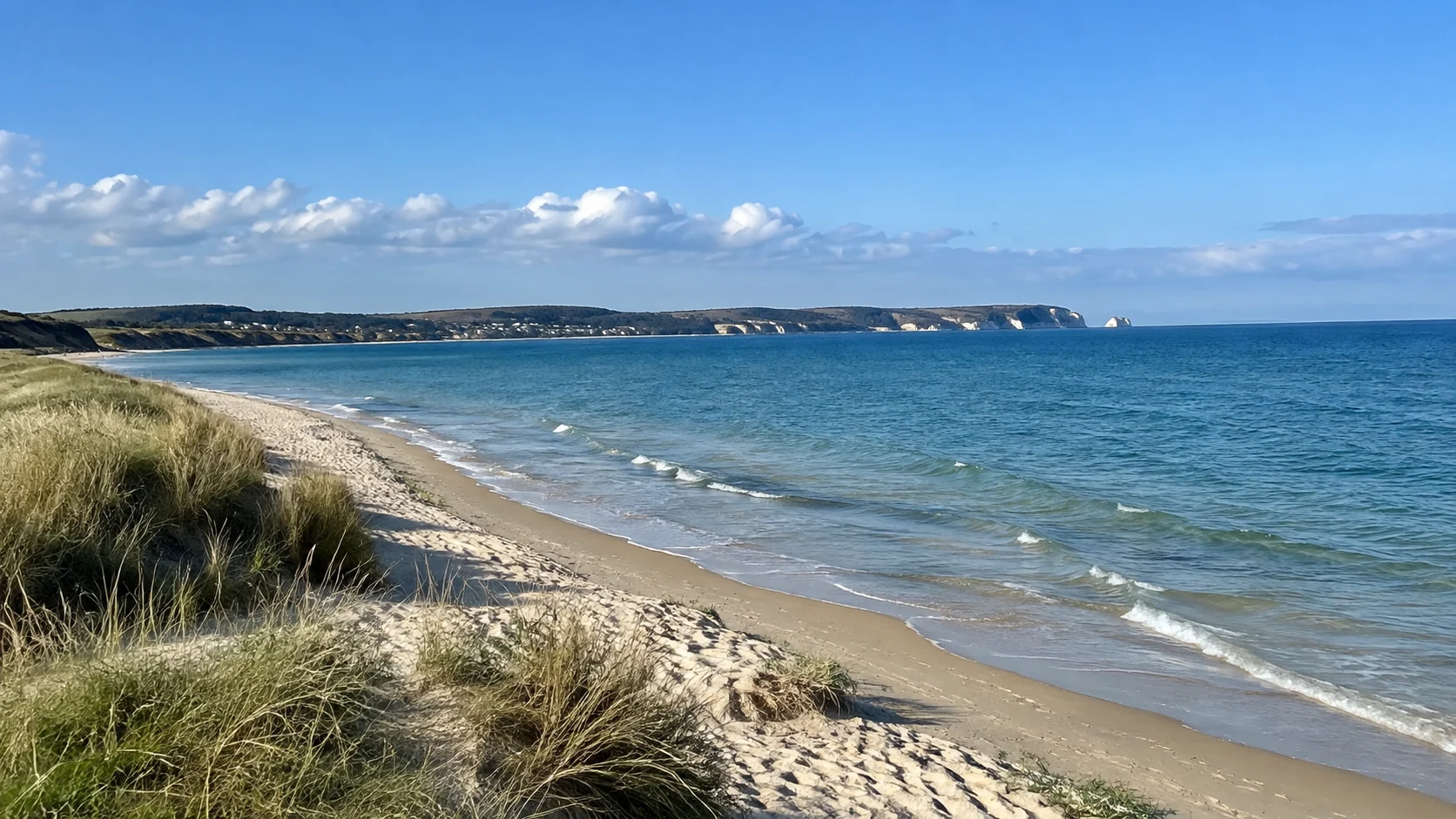 Sandy shoreline and calm blue water at Studland Bay in Dorset.