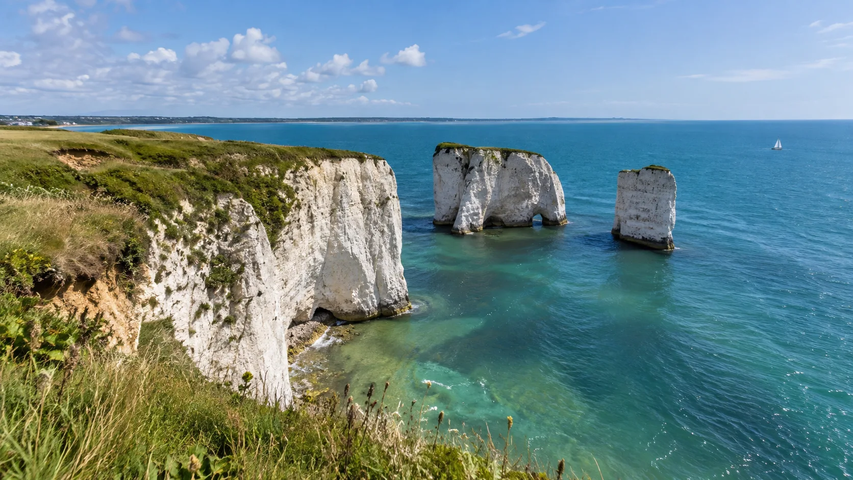 White chalk cliffs and sea stacks at Old Harry Rocks in Dorset.