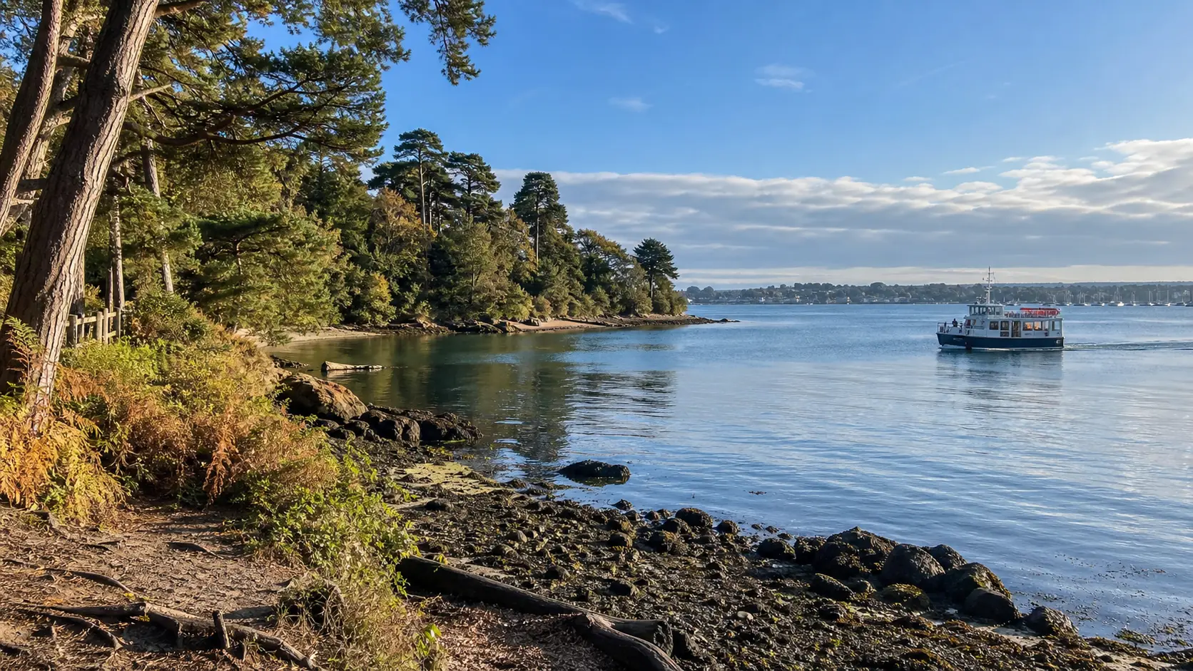 Wooded Brownsea Island shoreline and calm water in Poole Harbour.