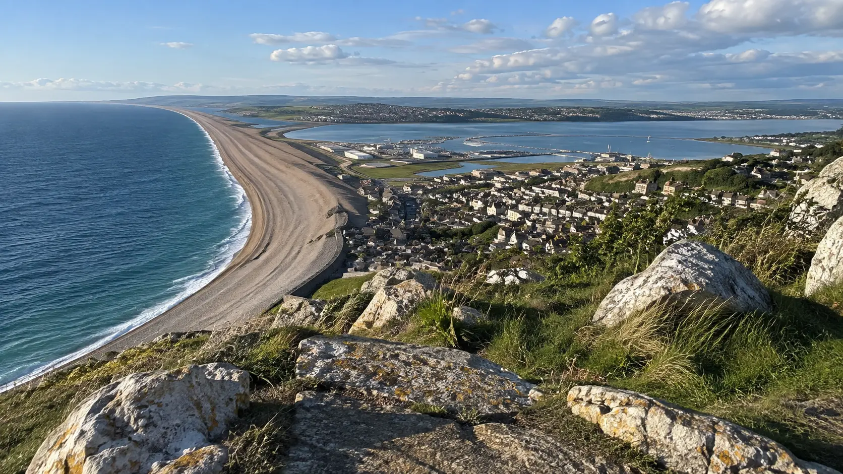 Chesil Beach and the Isle of Portland viewed from the Dorset coast.