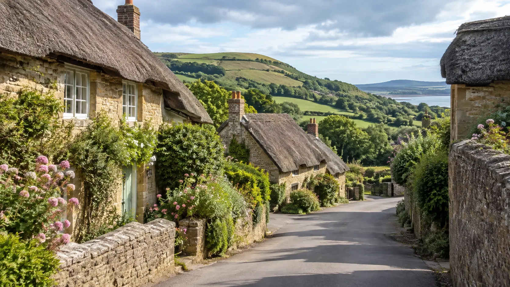 Thatched stone cottages along a quiet lane in Abbotsbury.