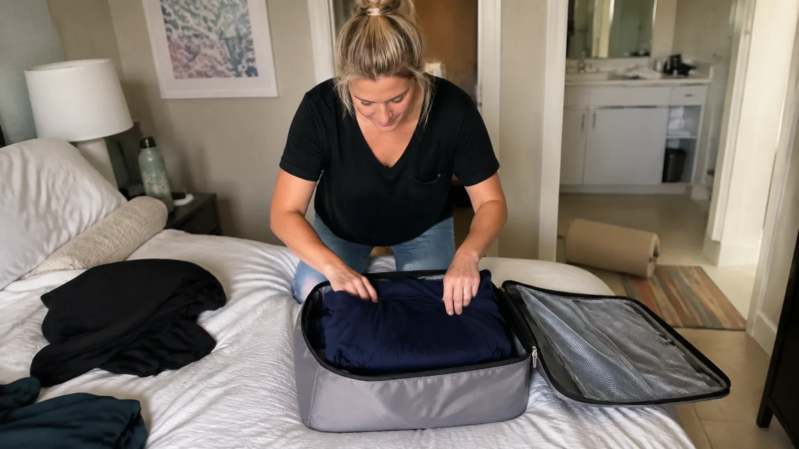 Woman packing a navy garment into a suitcase on a bed