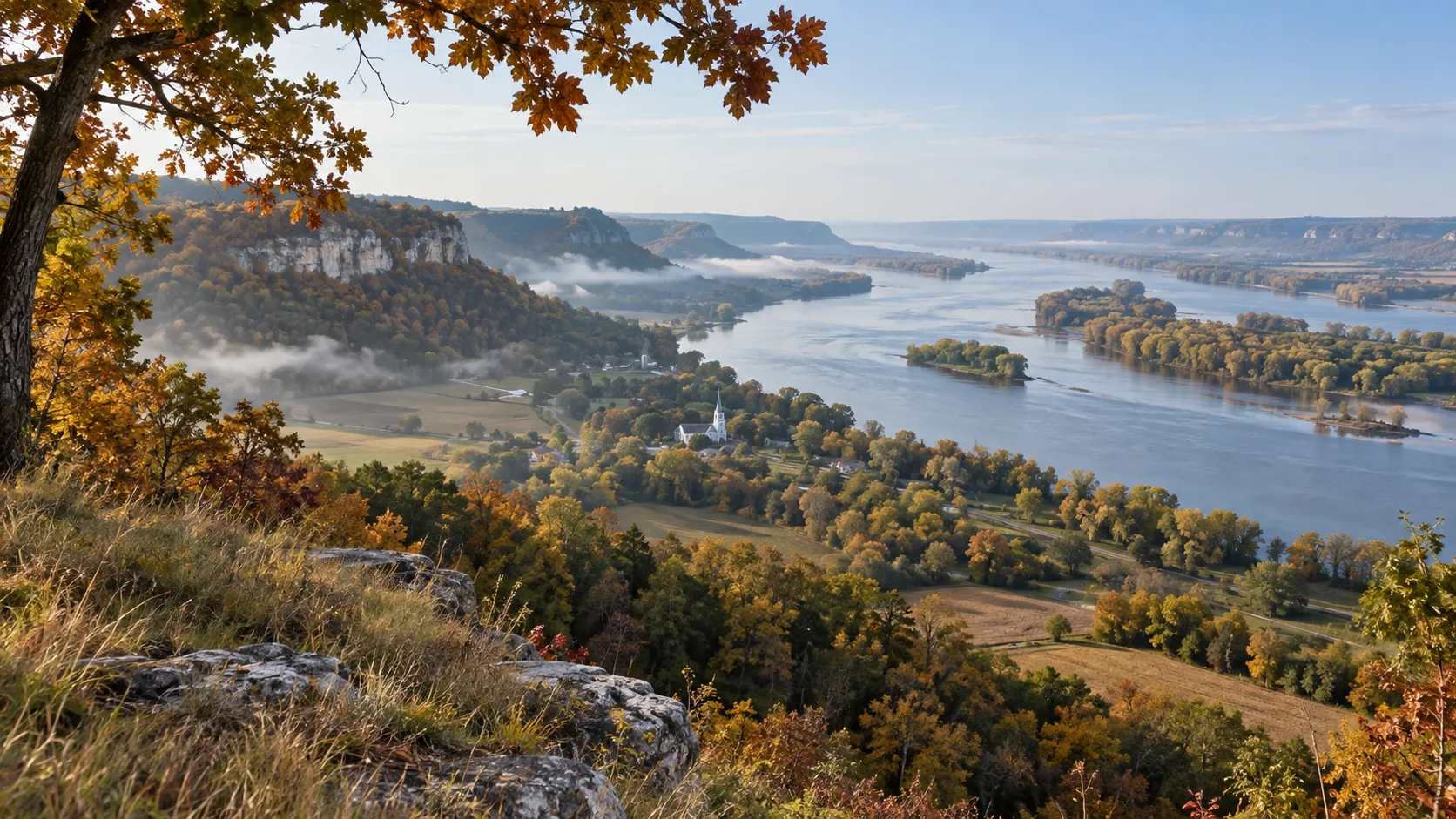 Mississippi River islands and limestone bluffs in autumn across the Wisconsin-Iowa Driftless Area