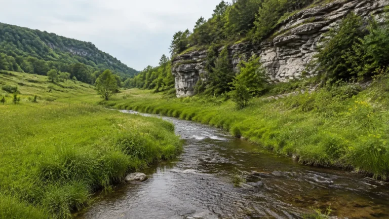 Clear stream winding through a grassy valley beside layered rock cliffs.