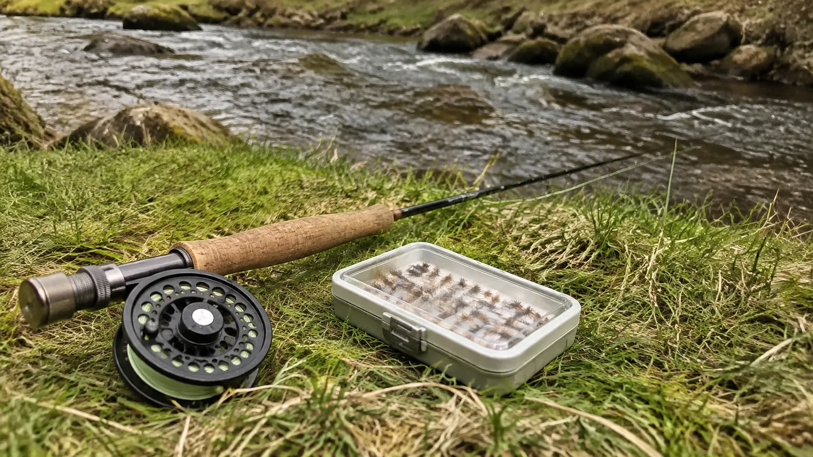 Fly fishing rod, reel, and open fly box on grass beside running water.