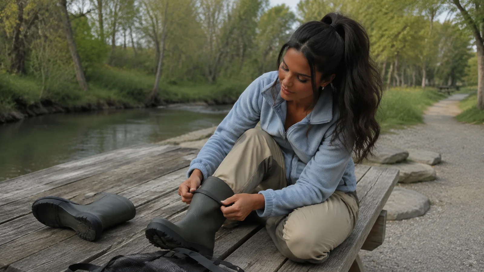 Woman adjusting a tall rubber boot while sitting beside a river.