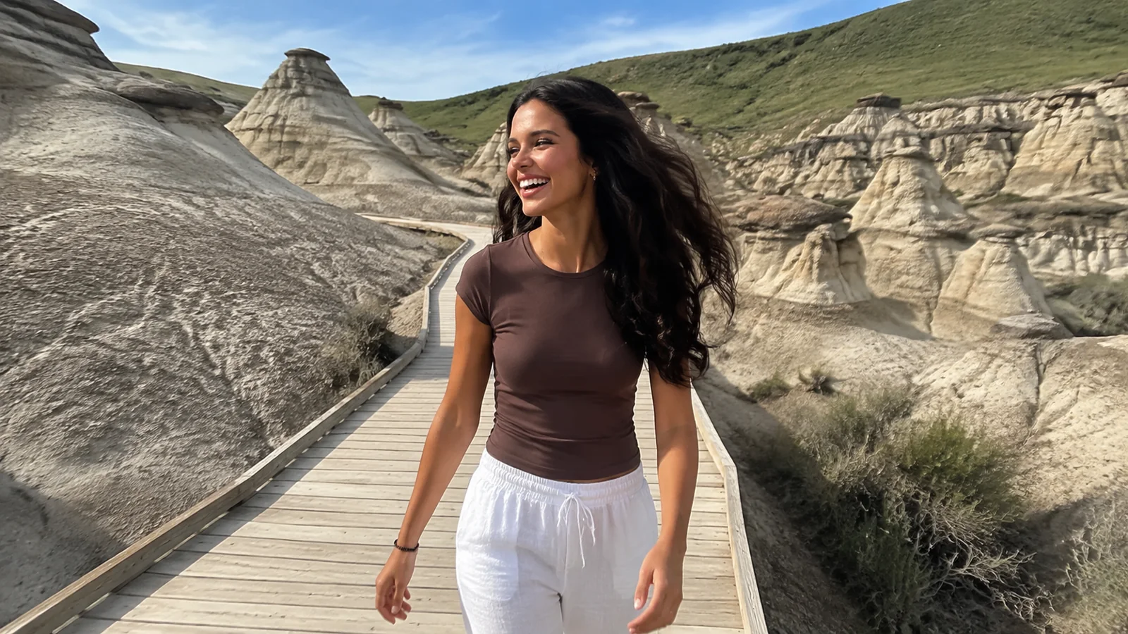 Woman walks along a boardwalk between pale eroded rock formations.