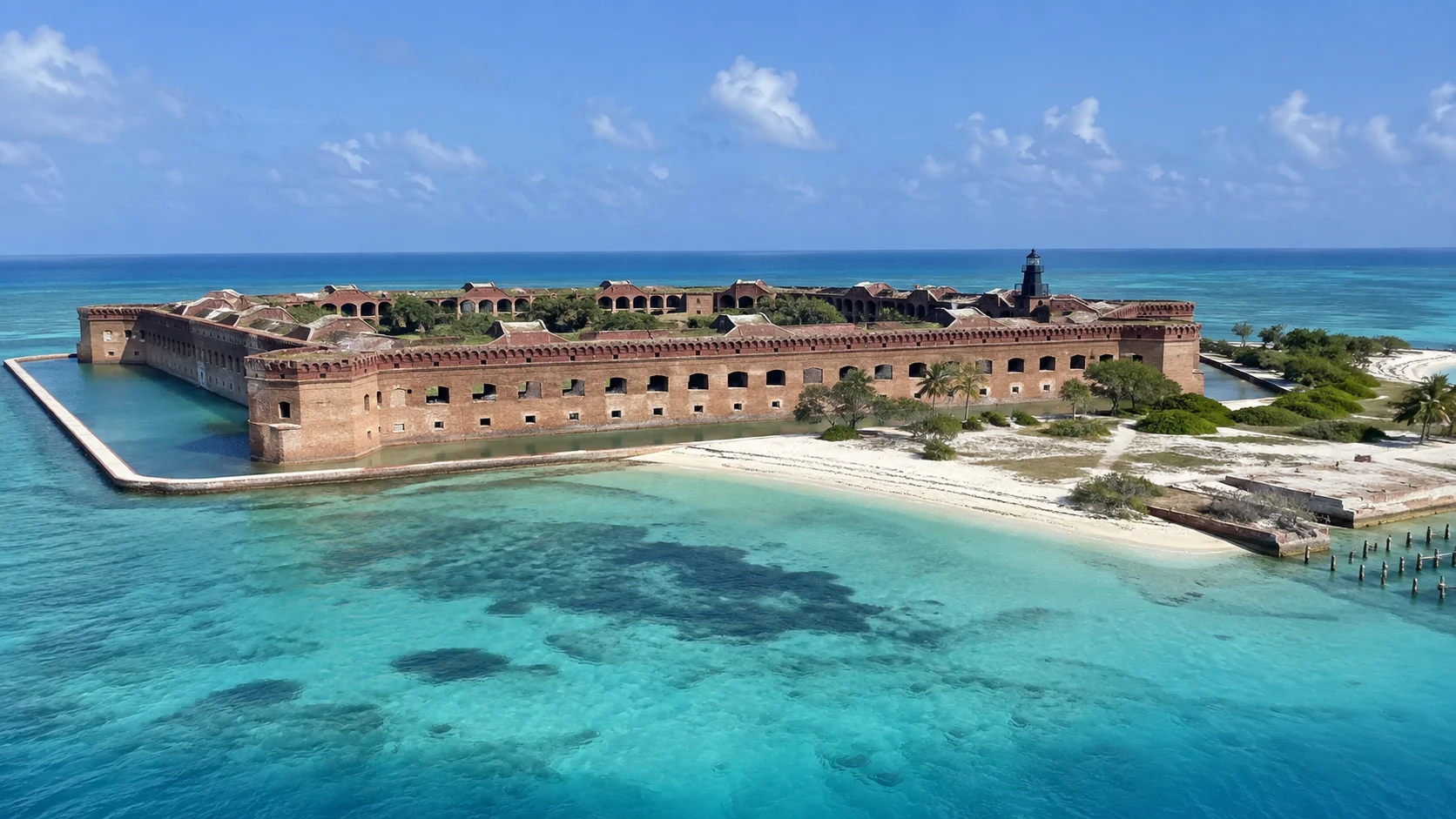 Fort Jefferson surrounded by turquoise water and pale shoreline on Garden Key.
