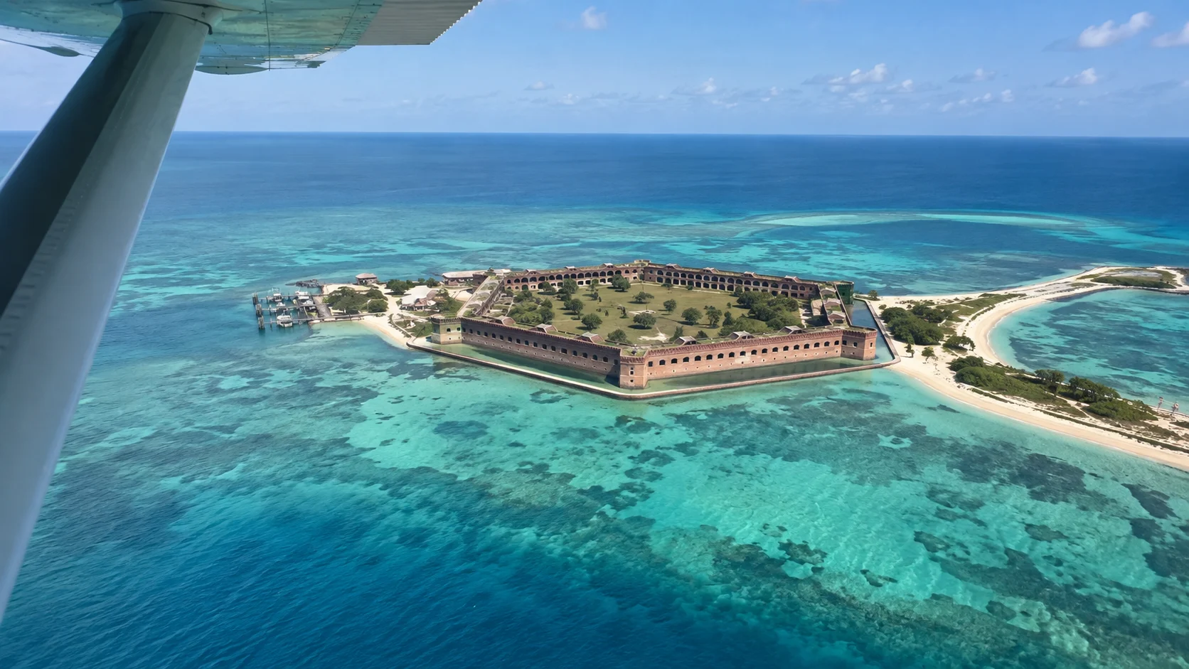 Aerial seaplane view of Fort Jefferson and Dry Tortugas reefs