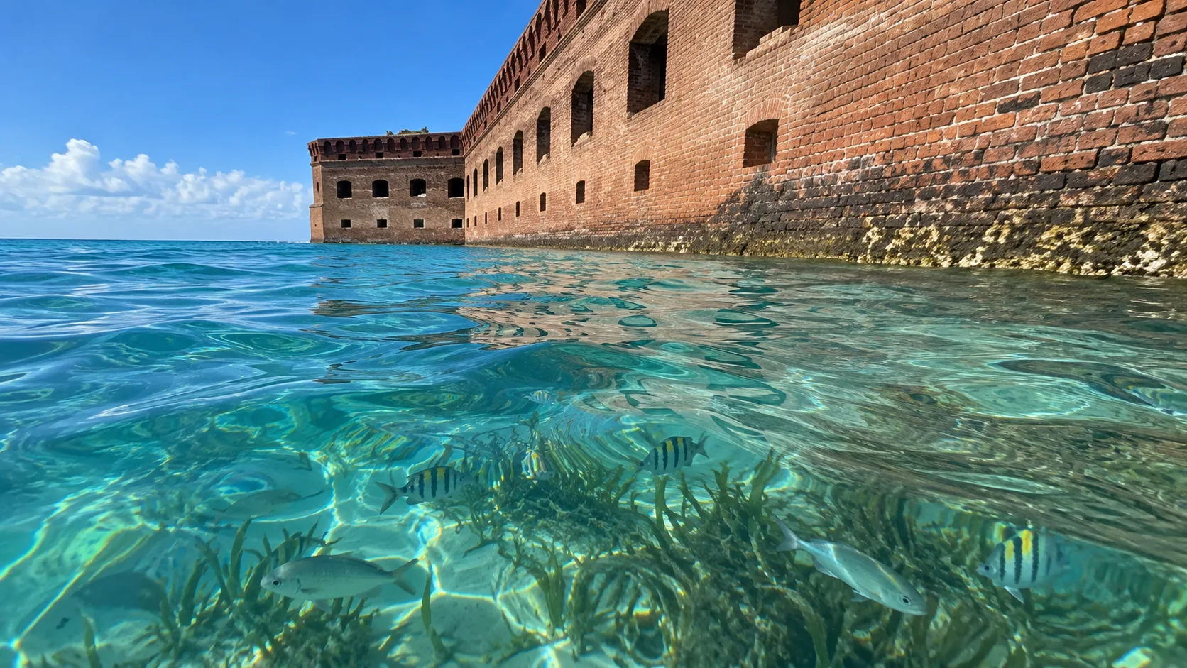Red-brick Fort Jefferson moat wall meeting clear snorkeling water.