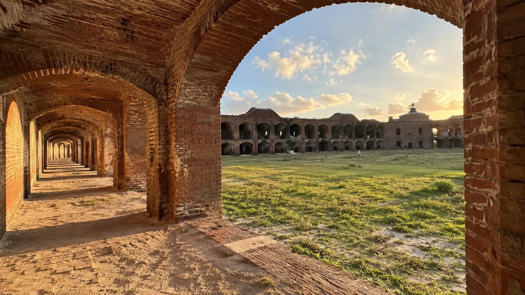Brick arches and parade ground inside Fort Jefferson