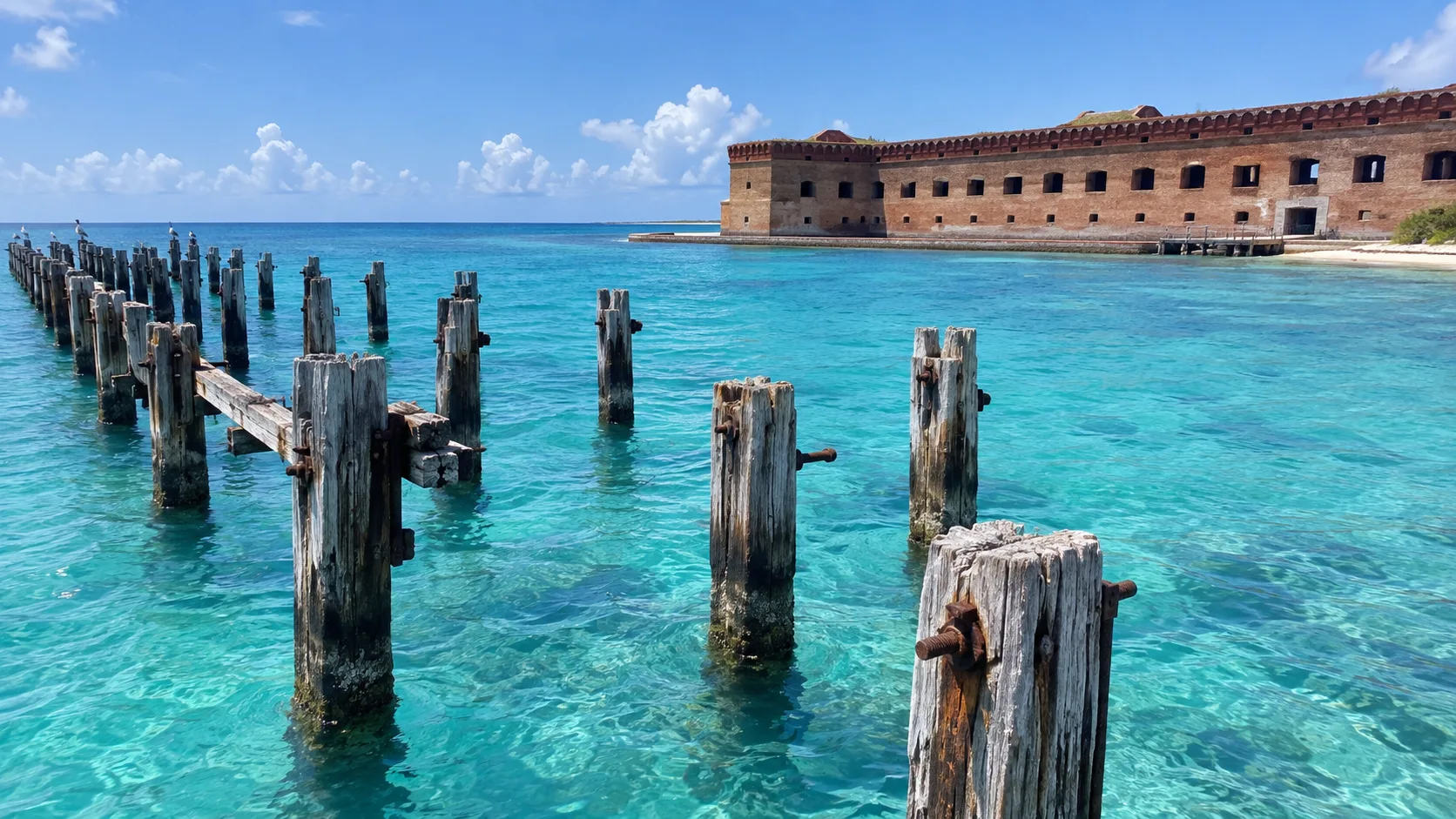 Weathered pilings of the south coaling dock extending into turquoise water.