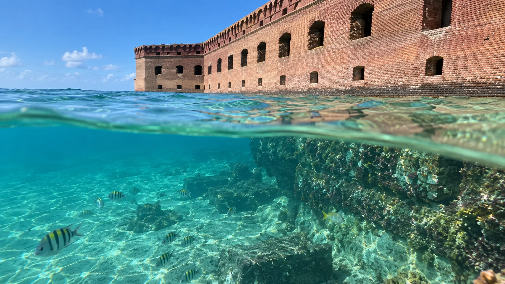 Clear snorkeling water outside the Fort Jefferson moat wall