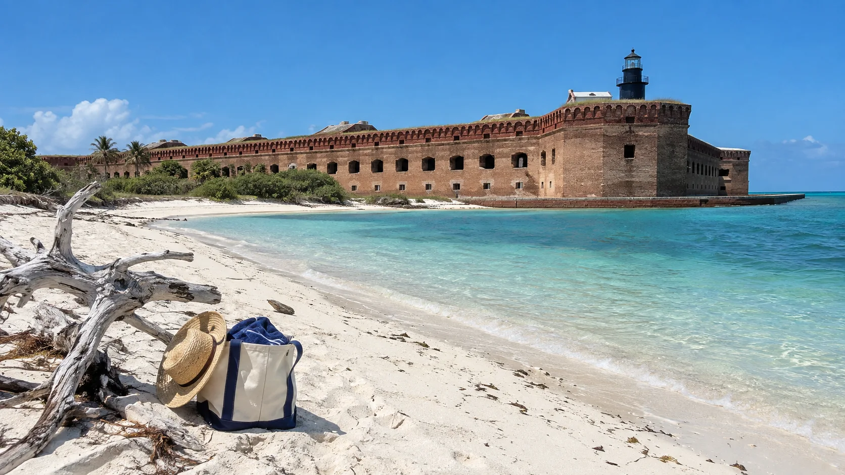 White sand beach and Fort Jefferson at Dry Tortugas