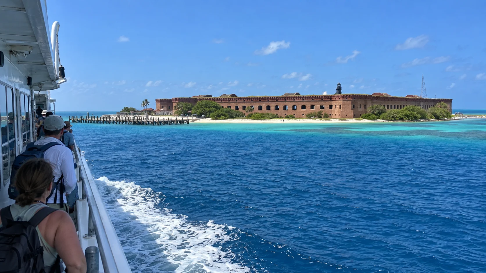 Passenger ferry approaching Fort Jefferson and Garden Key.
