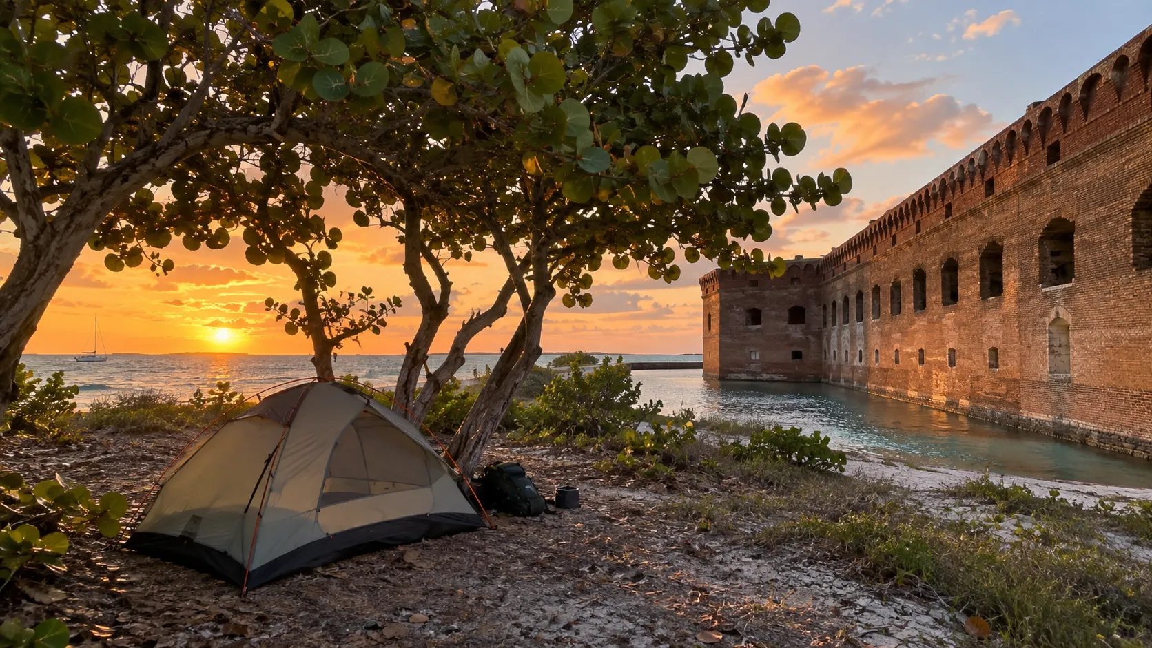 Primitive campsite beside Fort Jefferson at sunset