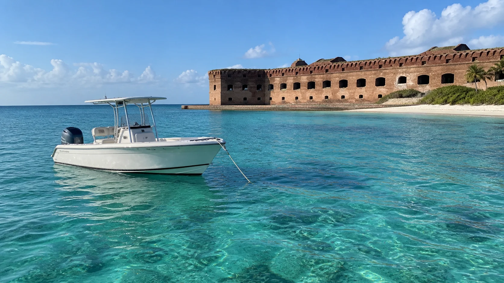 Private boat anchored in clear water near Fort Jefferson.