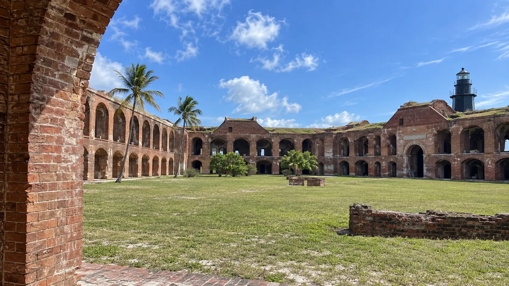 Brick arches and grassy courtyard inside Fort Jefferson.
