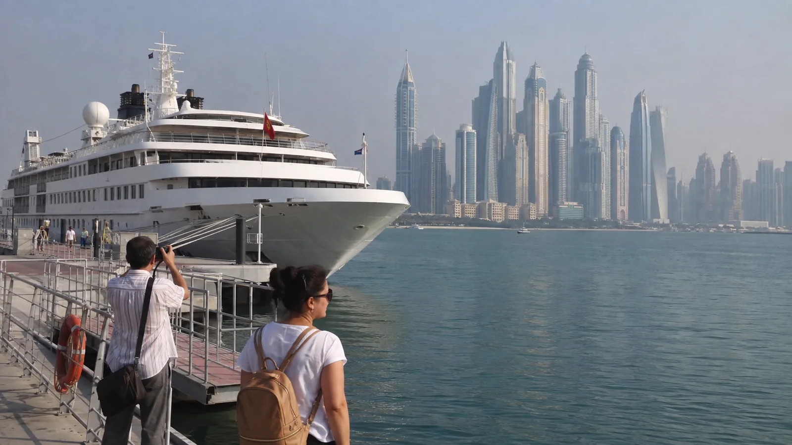 Cruise ship docked across the water from Dubai's tall skyline.