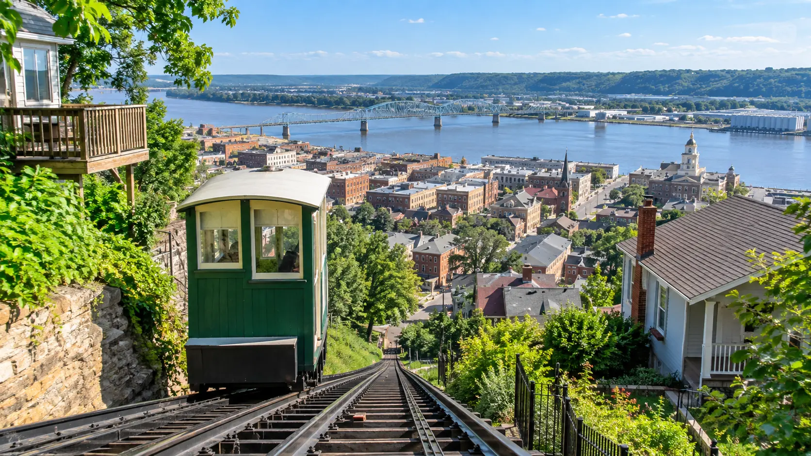 Fenelon Place Elevator rails descend the steep Dubuque bluff toward downtown and the river.