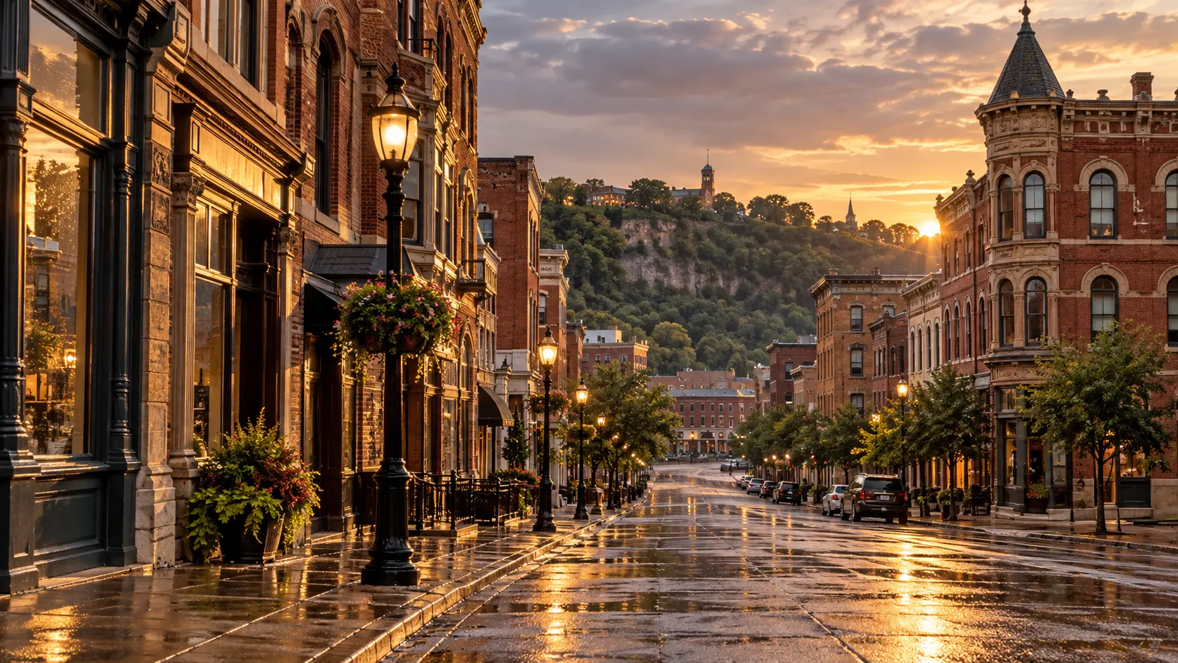 Ornate brick buildings climb a rain-glossed downtown Dubuque street in golden evening light.