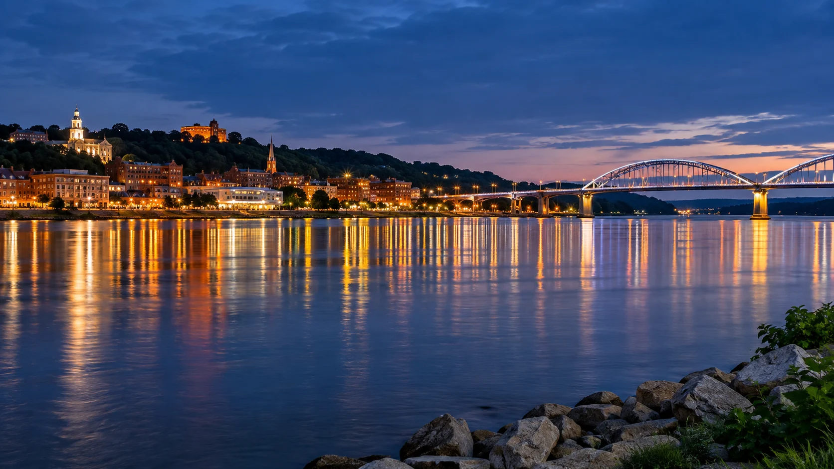 Dubuque's bridge and city lights shimmer across the broad Mississippi River at blue hour.
