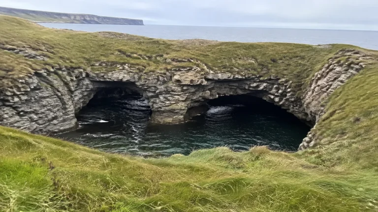 Two dark sea caves beneath layered rock and grassy coastal ground.