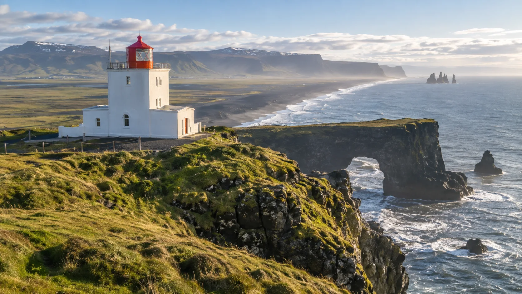 Dyrhólaey Lighthouse overlooking its basalt sea arch, black-sand coast and Reynisdrangar stacks.
