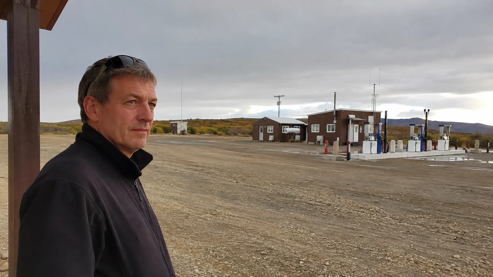 Traveler stands near a remote roadside fuel station beneath low clouds.