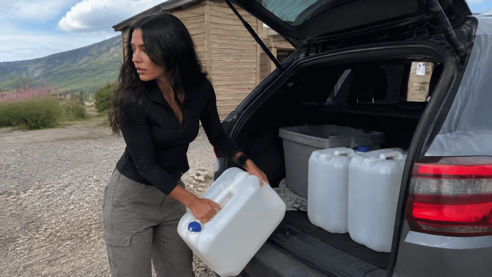 Woman loads water containers into the open trunk of an SUV.