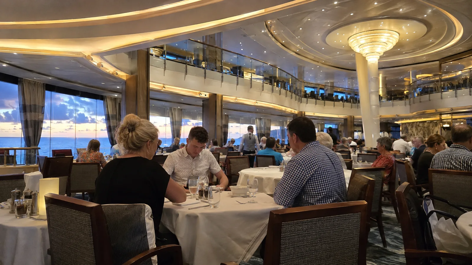 Passengers dine in a large restaurant beneath a central chandelier.