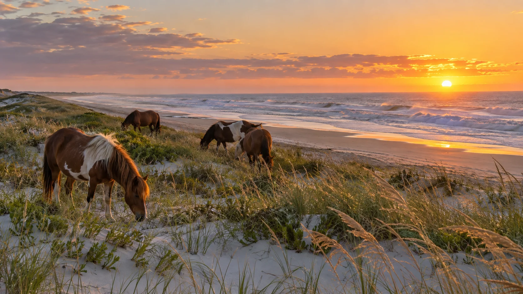 Wild horses walk beside dunes on Assateague Island's Atlantic shore.