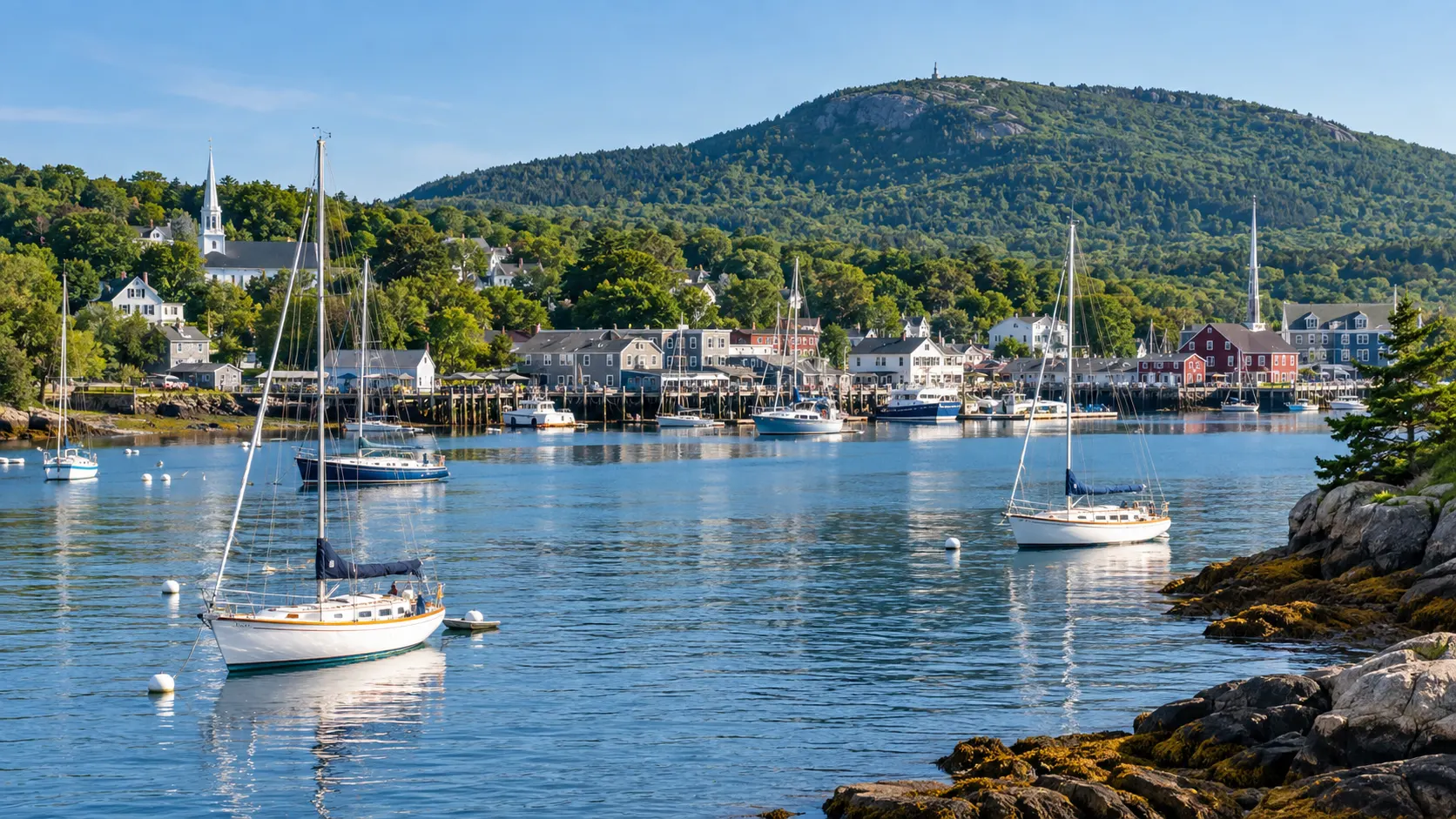 Sailboats rest in Camden Harbor beneath the green hills of Maine's Midcoast.