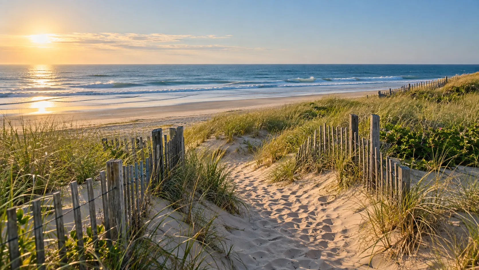 A sandy path crosses beach grass toward the Atlantic on Cape Cod.