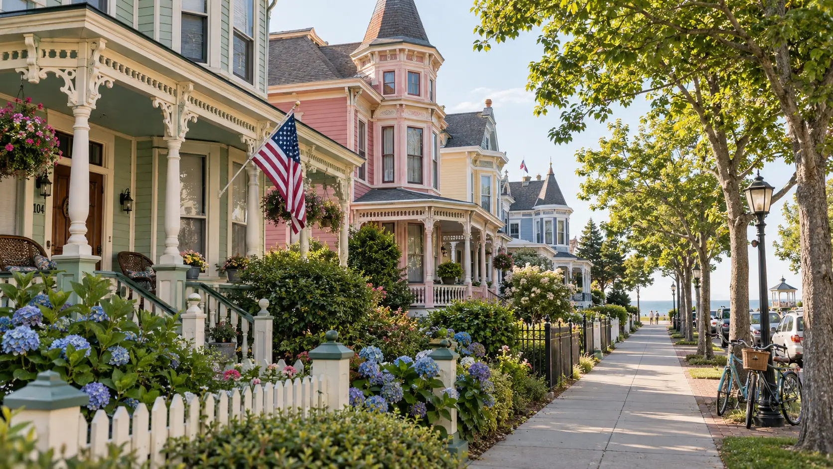Colorful Victorian homes overlook a quiet street in Cape May, New Jersey.